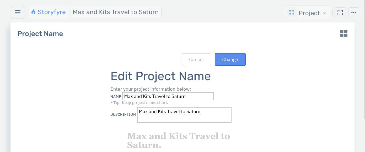 Storyfyre Project: Edit Name/Desc