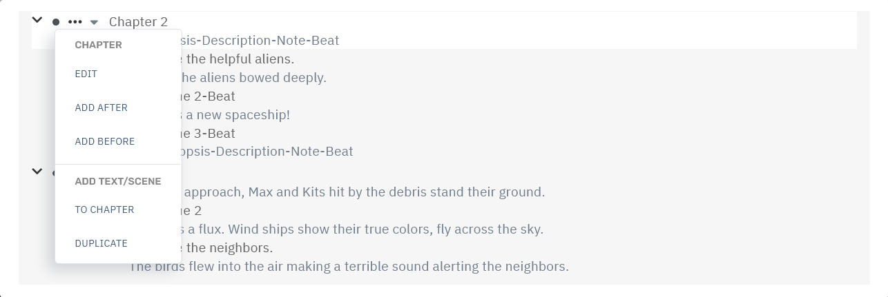 Storyfyre Scenes Outline: Chapter Outline Menu