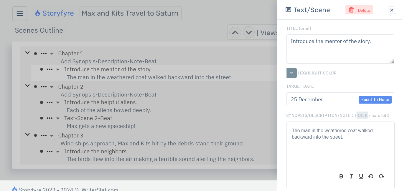 Storyfyre Scenes Outline: Scene Edit