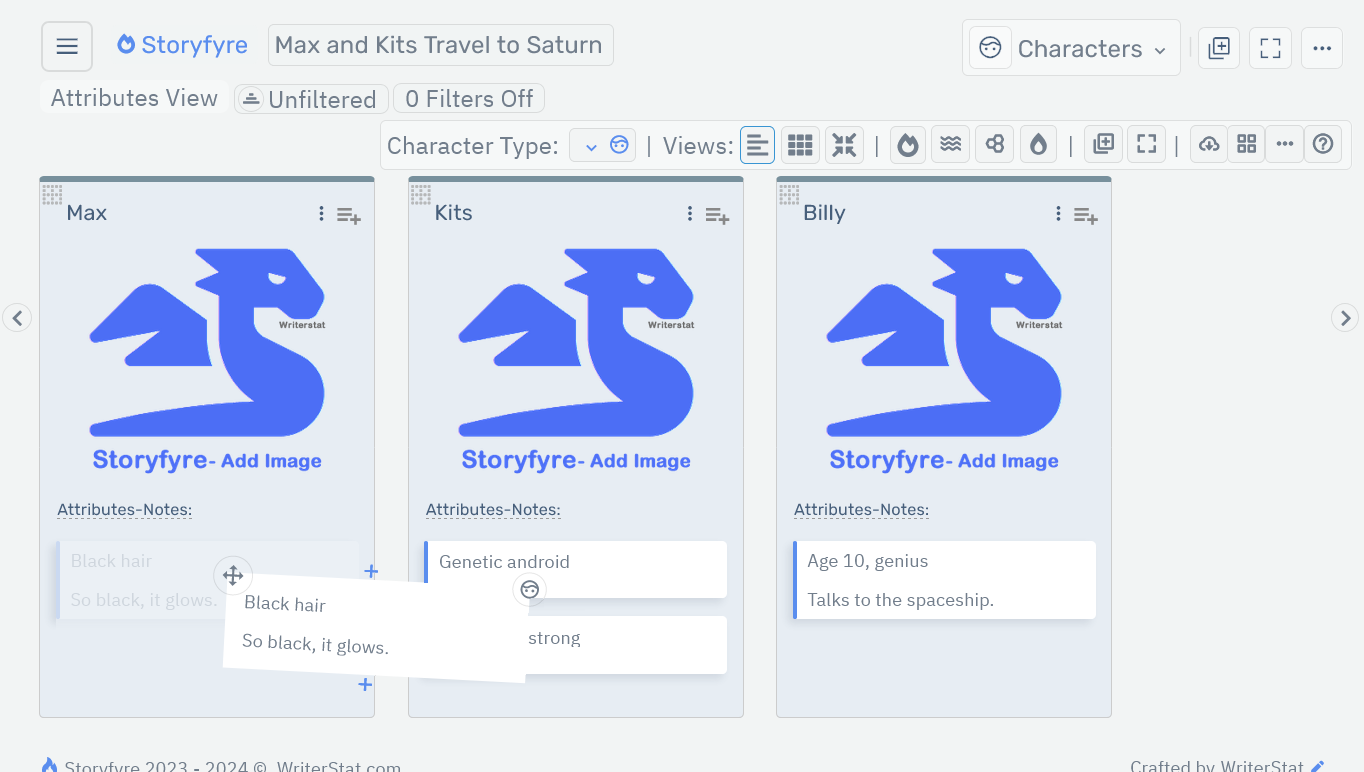 Storyfyre Characters: Character Attribute Move/Drag