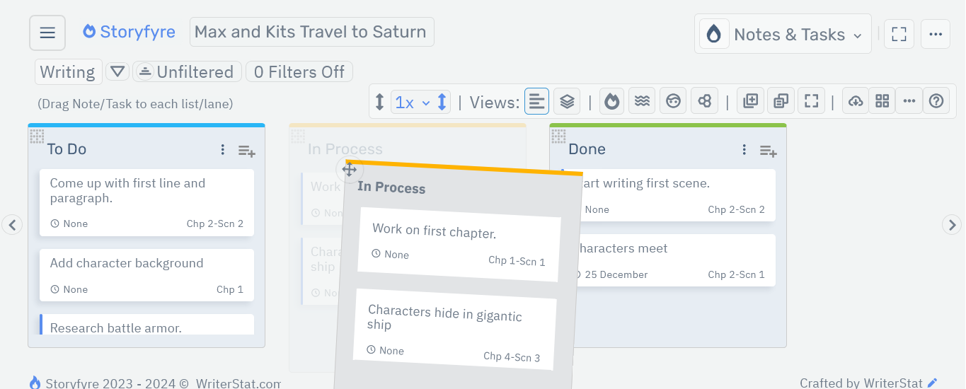 Storyfyre Notes & Tasks: List/Lane Move/Drag