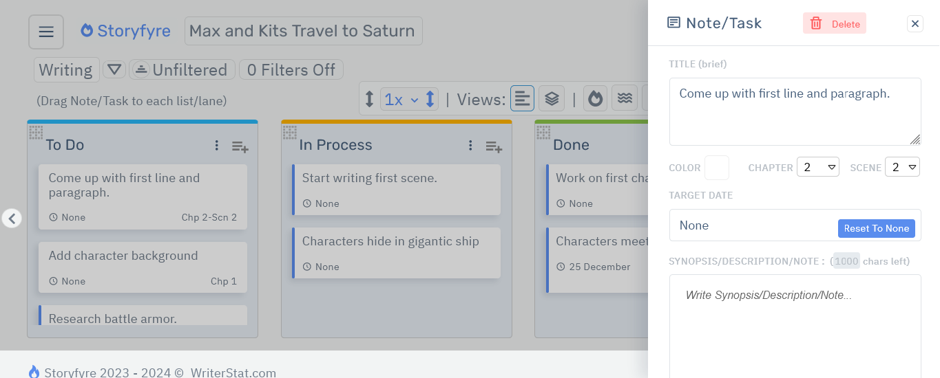 Storyfyre Notes & Tasks Note/Task/Text Edit