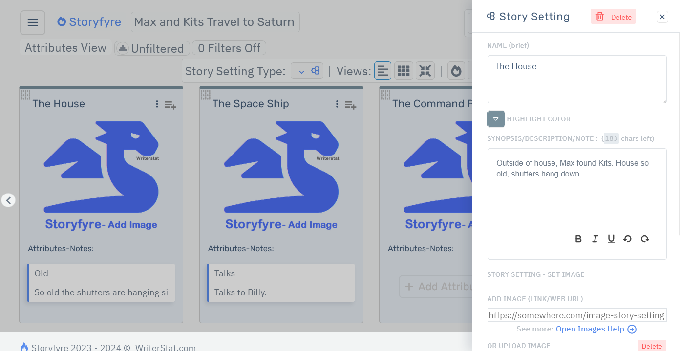 Storyfyre Story Settings: Story Setting Edit