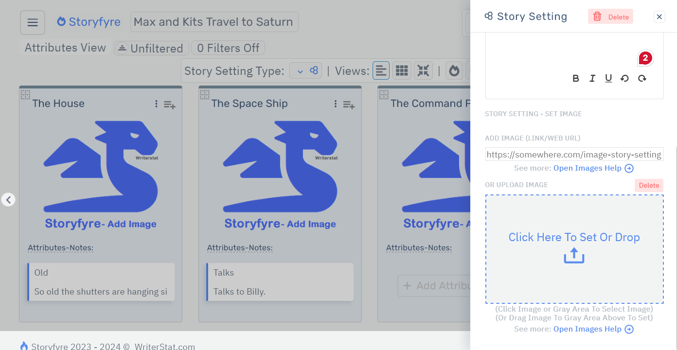 Storyfyre Story Settings: Add/Edit Image Area