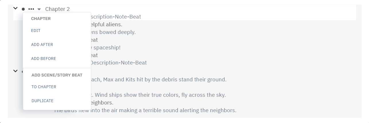 Storyfyre Scenes Outline: Chapter Outline Menu
